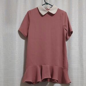 Midi Dress with White Collar Medium Peach Peplum H Zip Up Short Sleeves